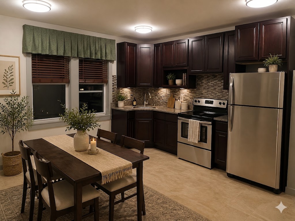 Kitchen and dining area at Adams Apartments